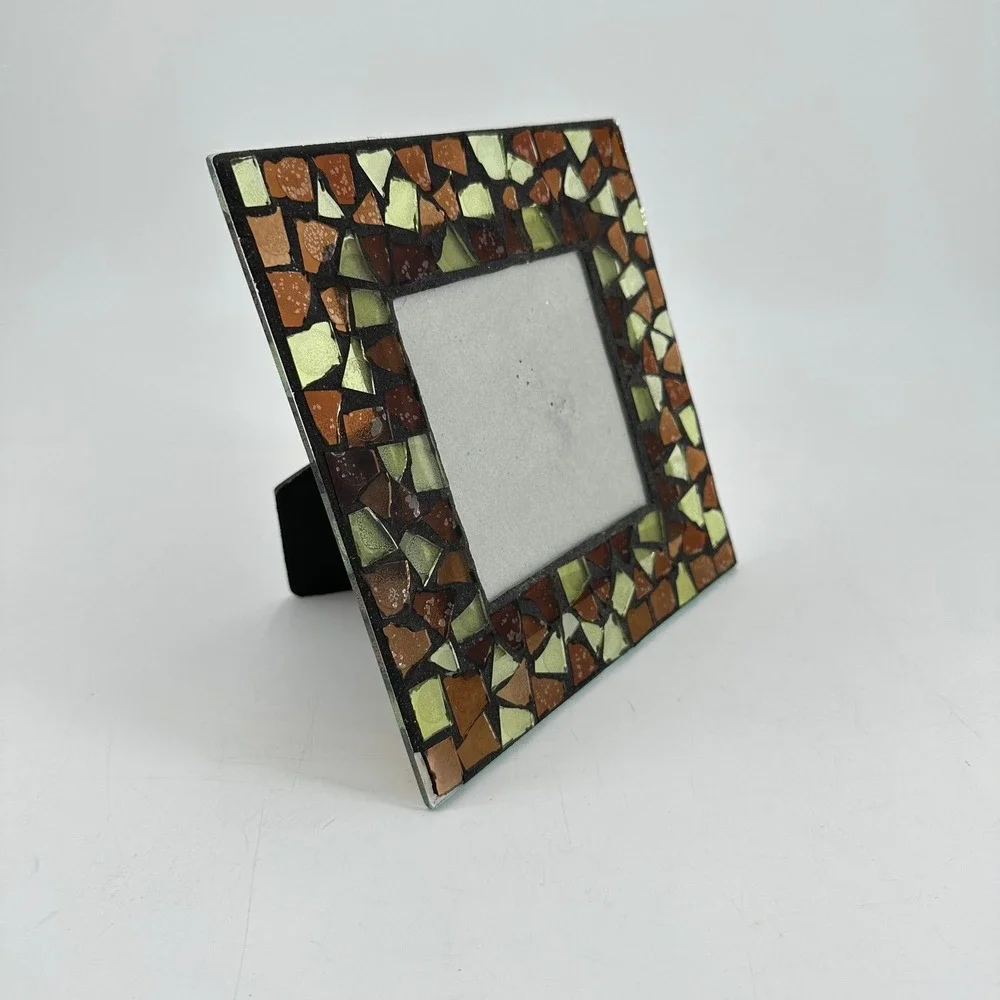 Mosaic Stained Glass Picture Frame 4x4 Square Amber Brown Green Earthy Boho Deco